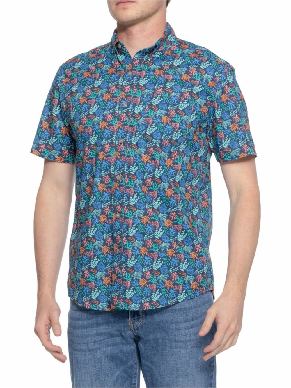 Eddie Bauer Teal Blue Coral Multi Leaf-Print Short-Sleeve Button-Down Shirt